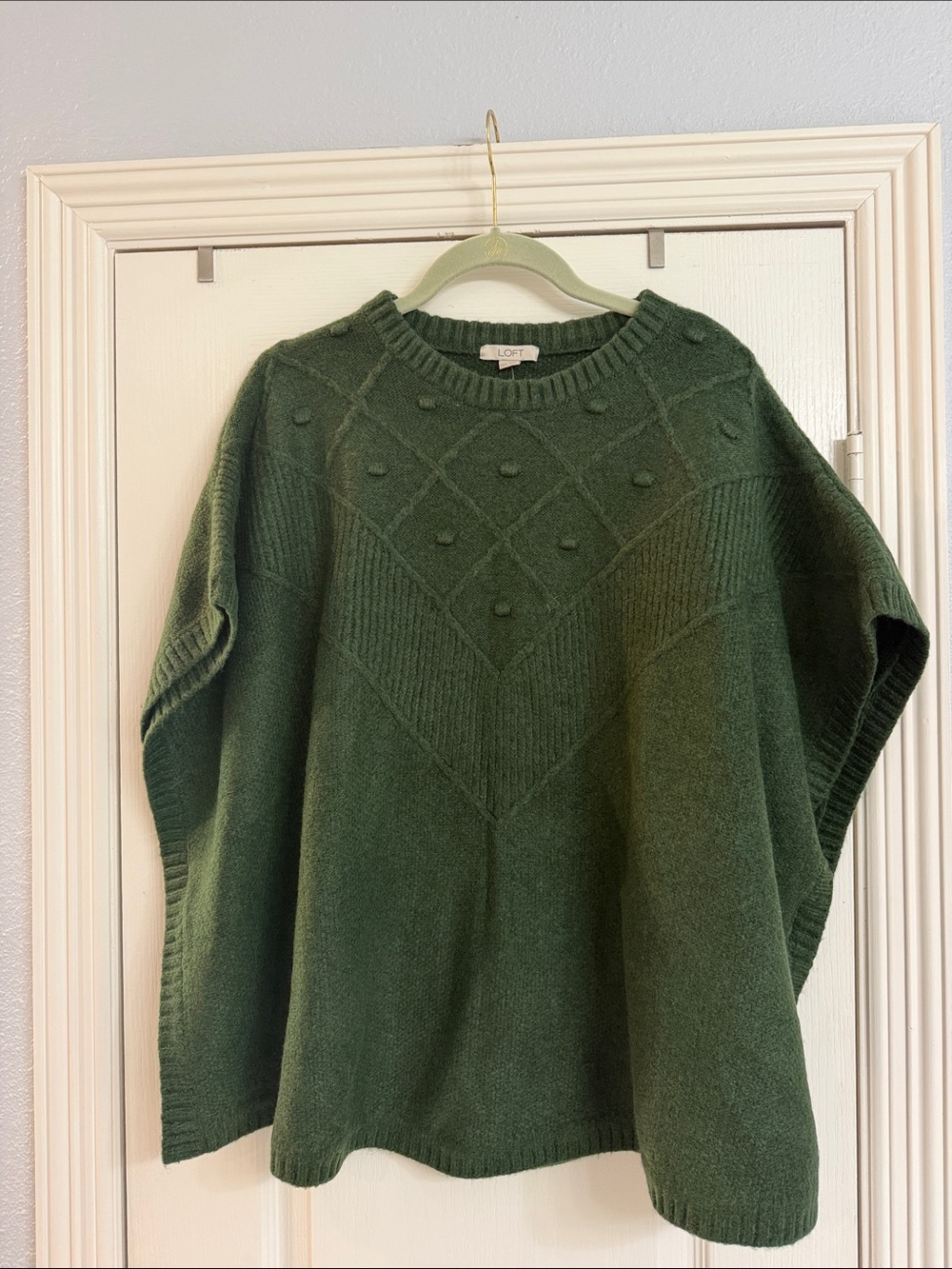 LOFT Dark Green Pom-Pom Knit Poncho Sweater
